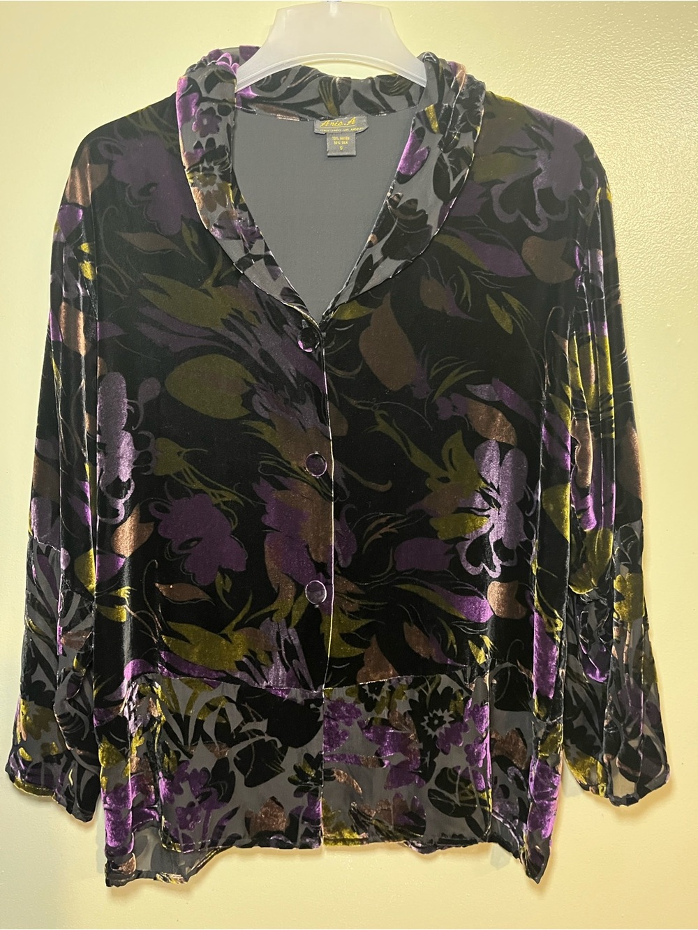 Velvet Floral Button Up Blouse in Black and Purple Dark Romantic Silk Blend S